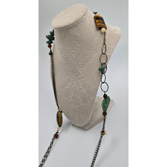 Long Boho Necklace with Various Beads Including Faux Turquoise and Faux Amber - Picture 4 of 15